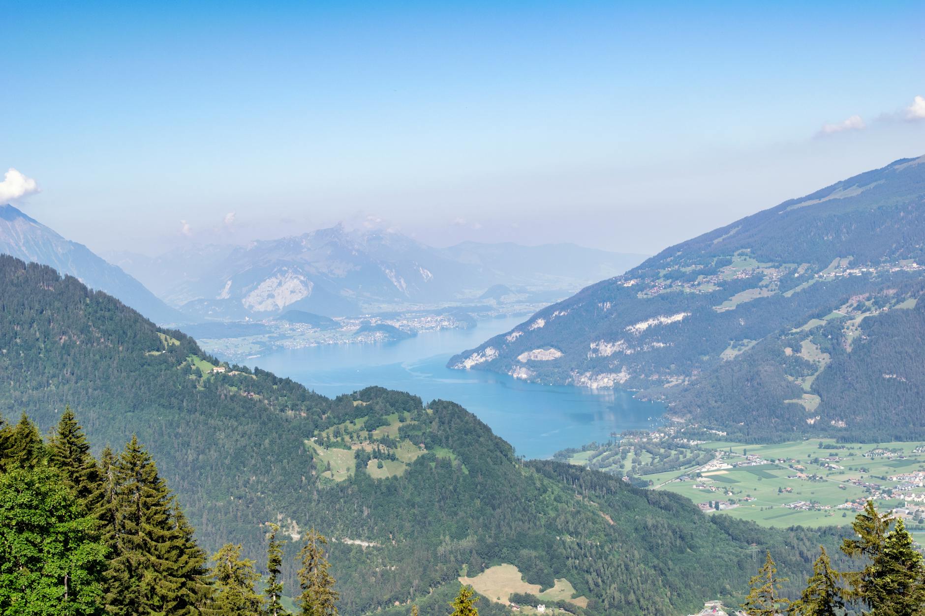 Jezioro Thun otoczone Alpami Szwajcarskimi w słoneczny dzień