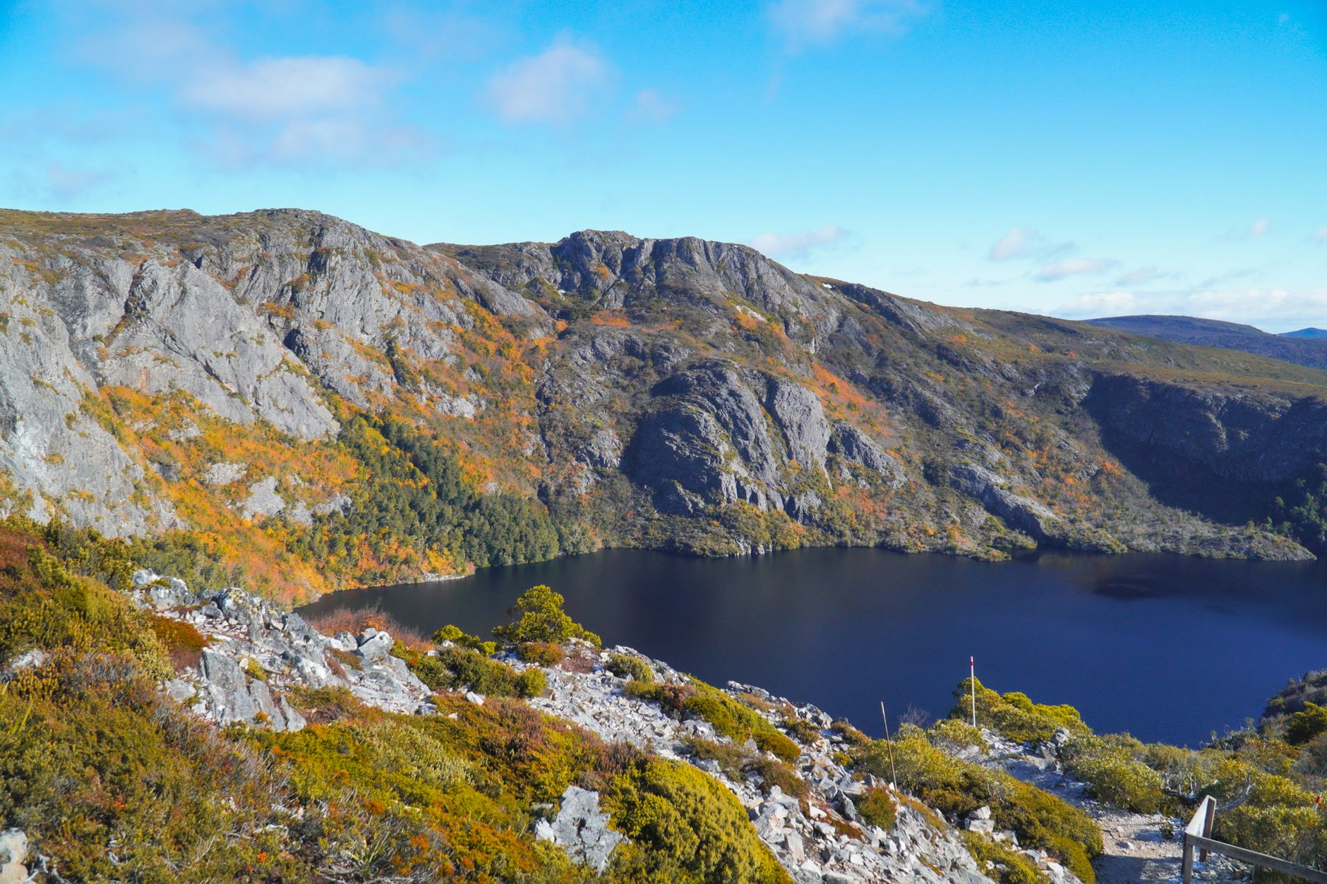 Jesienny widok na Cradle Mountain w Tasmanii, skalisty teren i liście